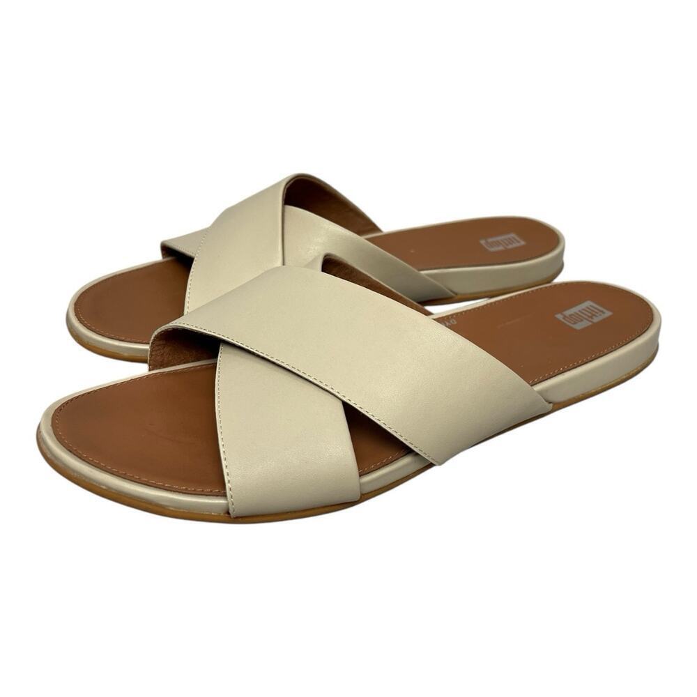 FitFlop F-MODE Women's Leather Flatform Cross Tan Slides sz 11